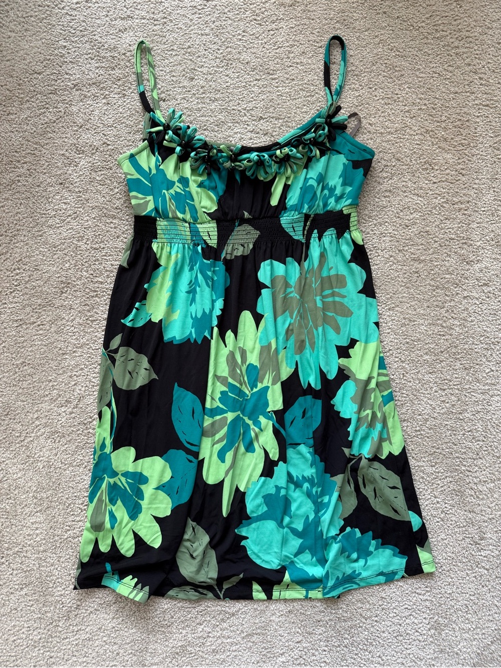Floral Spaghetti-Strap Midi Dress in Teal & Black